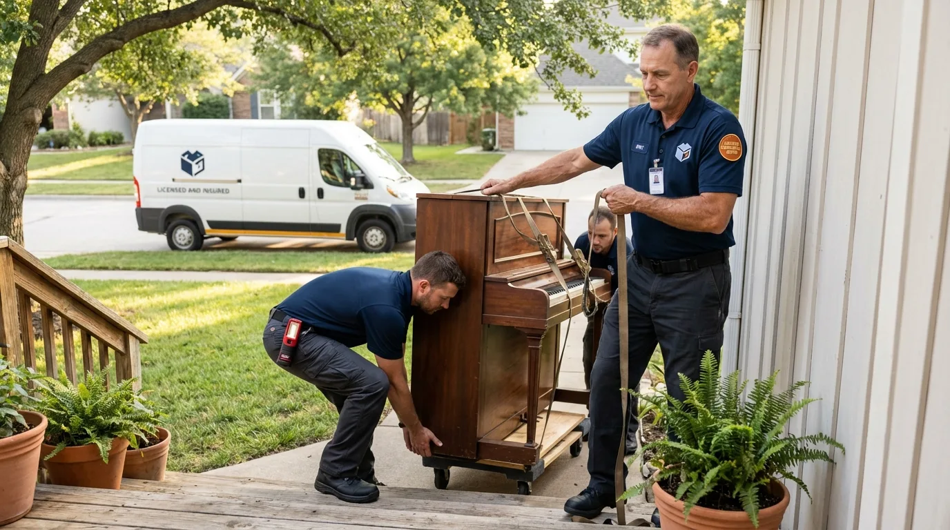 Licensed piano movers securing grand piano in Surgoinsville, TN