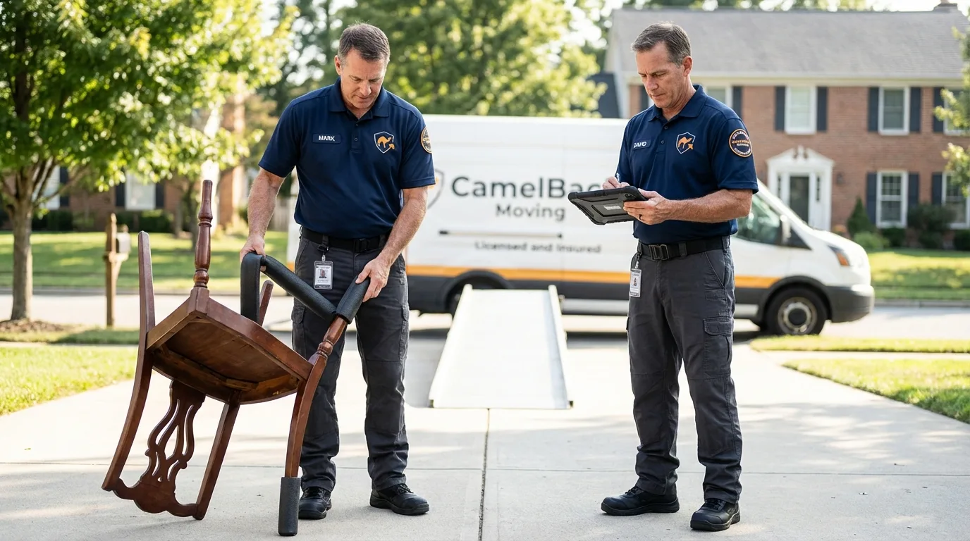 Movers inspecting furniture for damage prevention before loading in Surgoinsville, TN