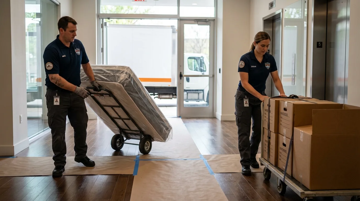 Professional apartment movers loading elevator in Surgoinsville, TN