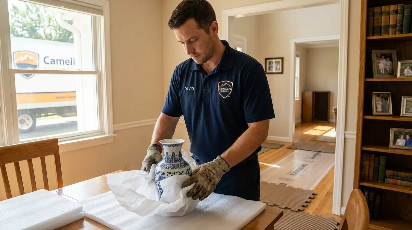 Professional crew carefully wrapping antique vase for senior downsizing move in Surgoinsville, TN